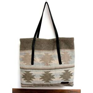 XL MURKA BLACK GENUINE LEATHER NATIVE WOOL RUG TAPESTRY BOHO SHOULDER BAG TOTE